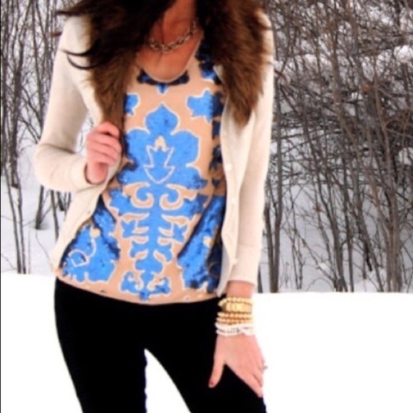 NWT Tracy Reese Blue Cream Sequin Short Sleeve Top - Picture 3 of 6